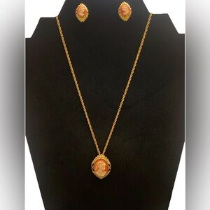 Vintage Victorian Lady Ponytail Cameo Necklace & Earrings Gold Tone Coral/Cream